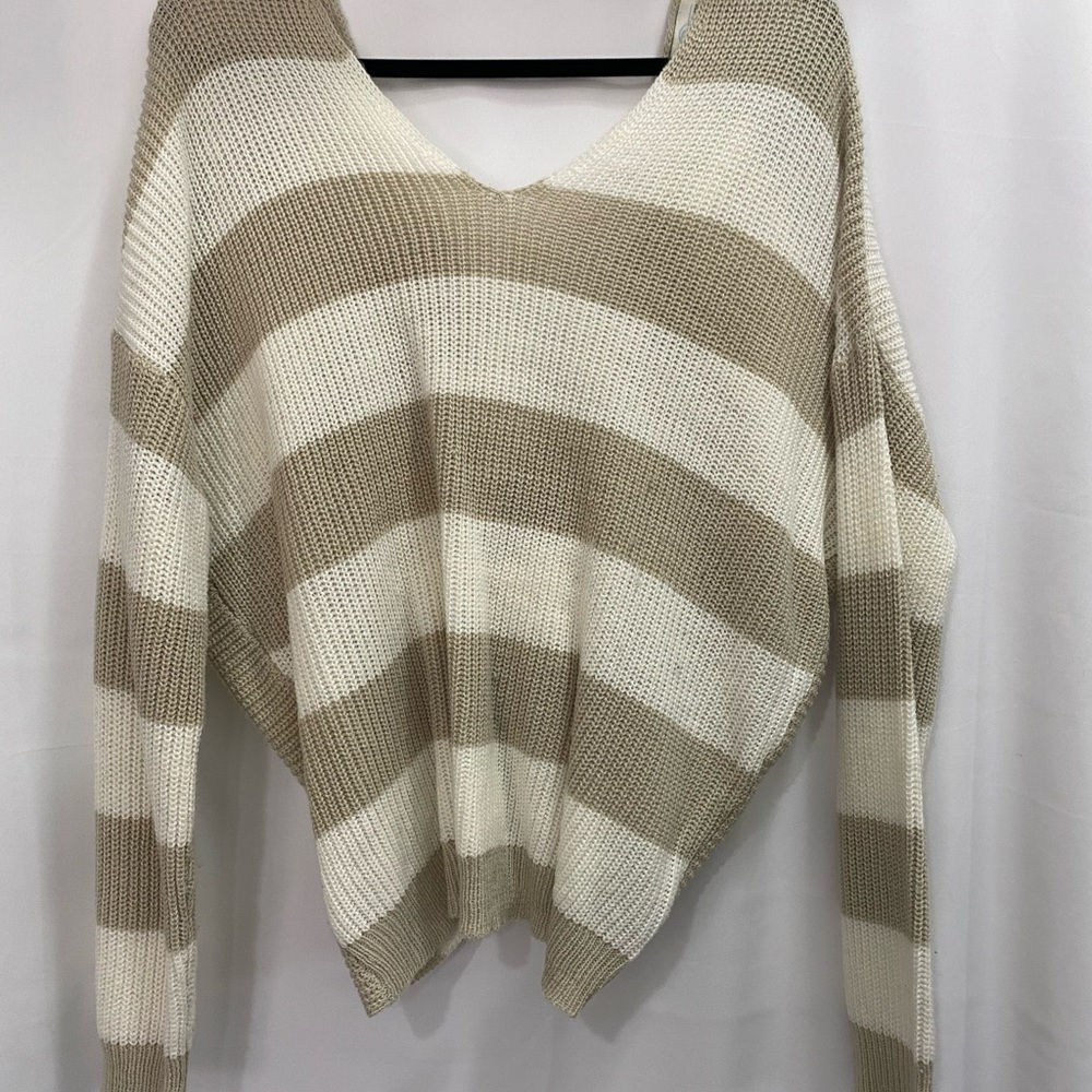Cream and Tan V-Neck Sweater with Bold Stripes